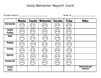 daily behavior report card template